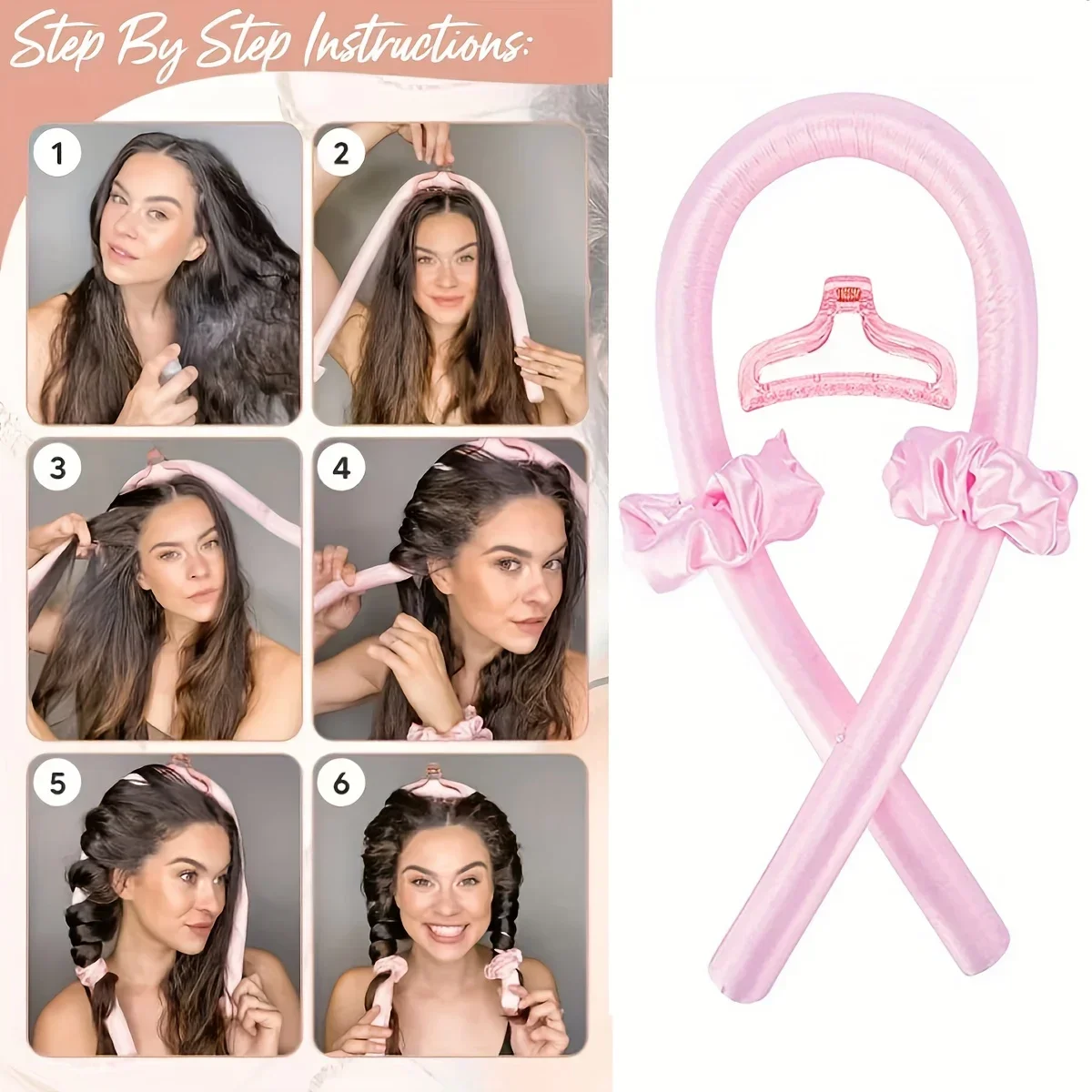 6PCS Heatless Curls Set Overnight Hair Curler Satin Bonnet Vented Detangling Brush No Damage Hair Styling Kit for Women