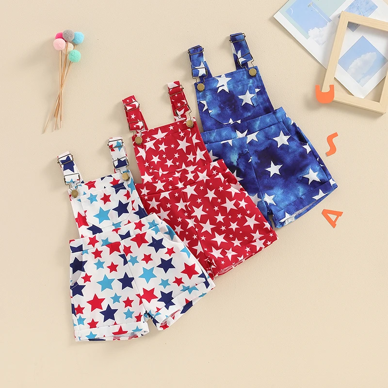 

Lioraitiin 4th of July Baby Girl Outfit Fourth of July Overalls Sleeveless Suspender Shorts With Pockcts Romper Outfit