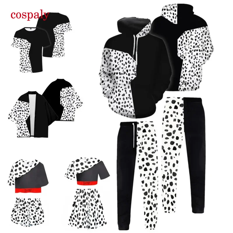 A Cruella De Vil Cosplay Costume Stella Hoodie Shirt Shorts Women Crop Top Skirt Halloween Carnival Suit