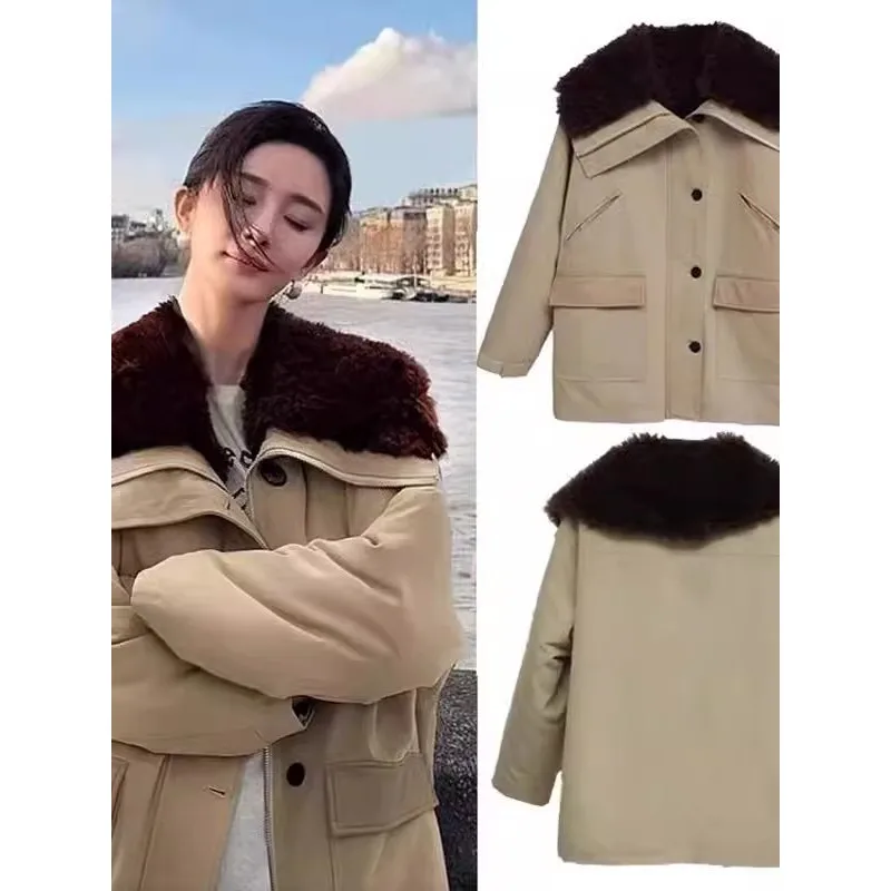 

Новая женская зимняя парка из овечьей шерсти цвета хаки в американском стиле, утепленная, с элементами пэчворка, в корейском стиле, для повседневной носки
