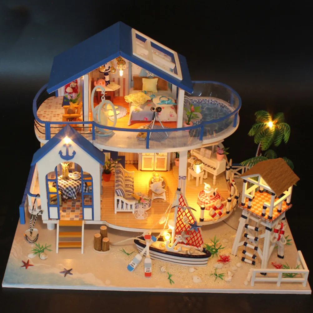 

1Set DIY House Assemble Sea Theme Wooden Handmade Desktop Ornament Creative Miniature Villa Educational Craft Assemble Model Toy