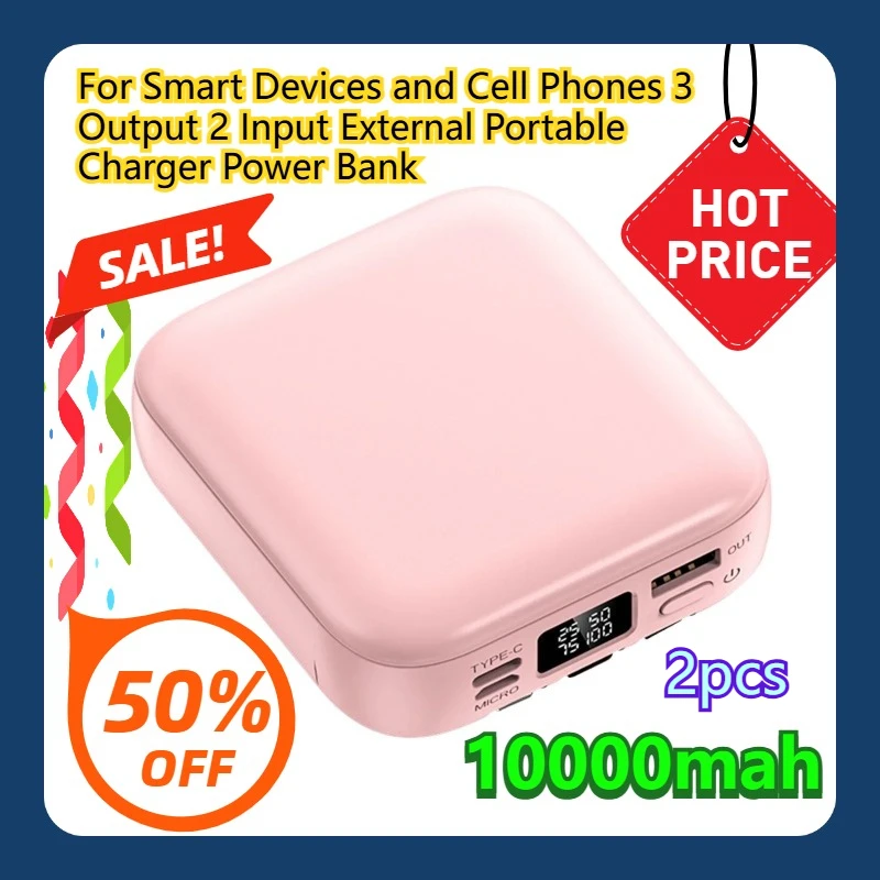 

For Smart Devices and Cell Phones 3 Output 2 Input External 10000mAh Portable Charger Power Bank 2pcs
