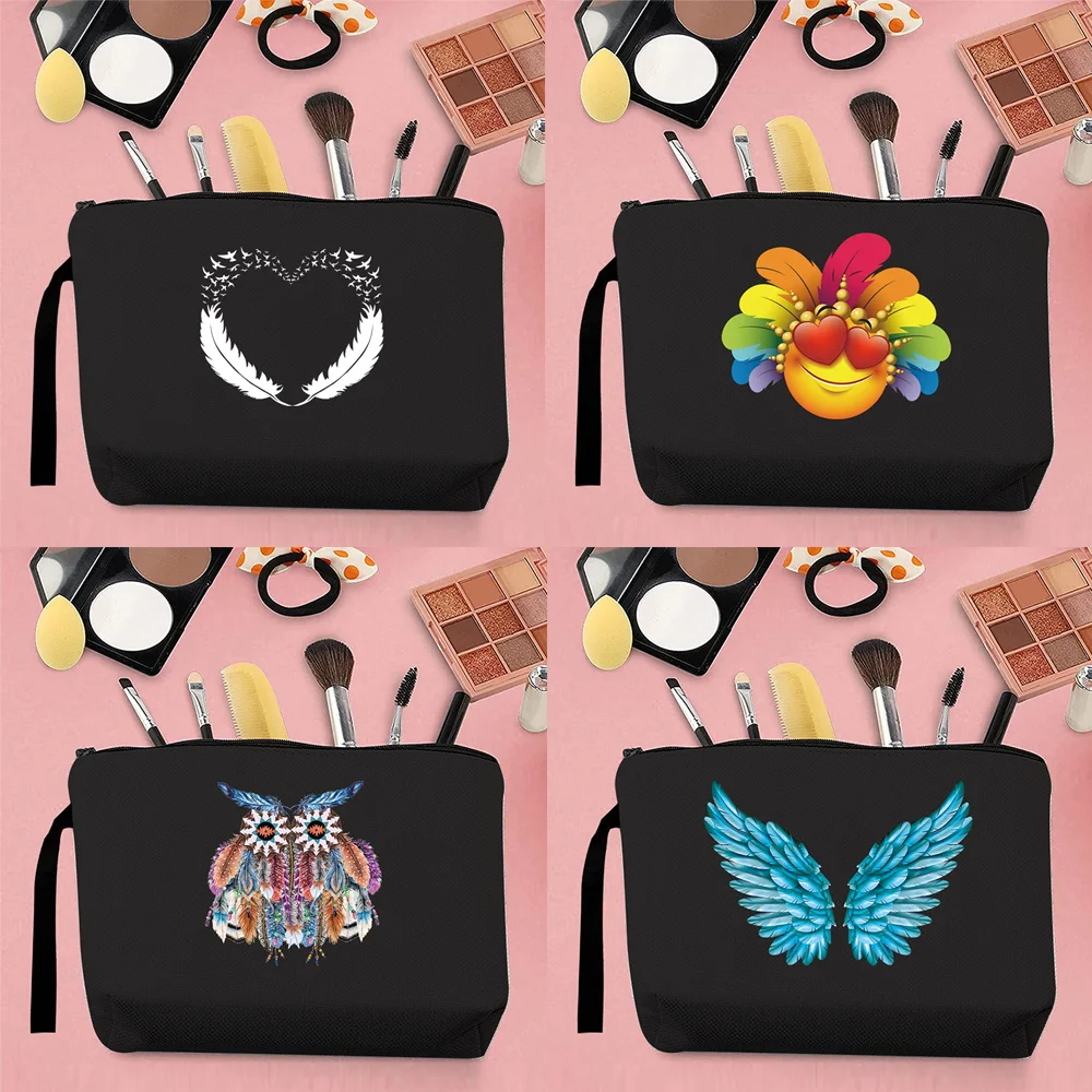 

Hot Sale Women Cosmetic Bag Color Feather Pattern Printed Outdoor Commuter Travel Canvas Black Storage Change Clutch Bag