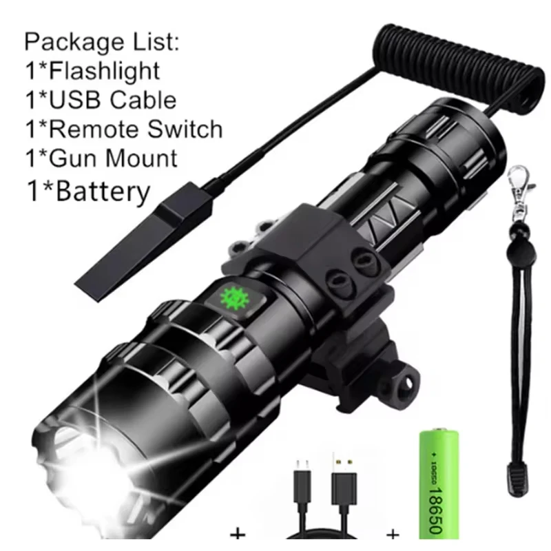 USB Recarregável LED Tactical Hunting Lanterna, Tocha impermeável, Lâmpada de tiro profissional, Night Scout Lights Set