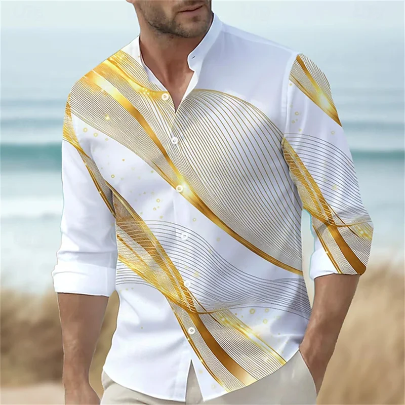 

Men's gradient wave shirt, stand collar, long sleeves, fashionable, casual, everyday button shirt, red, yellow, and blue.