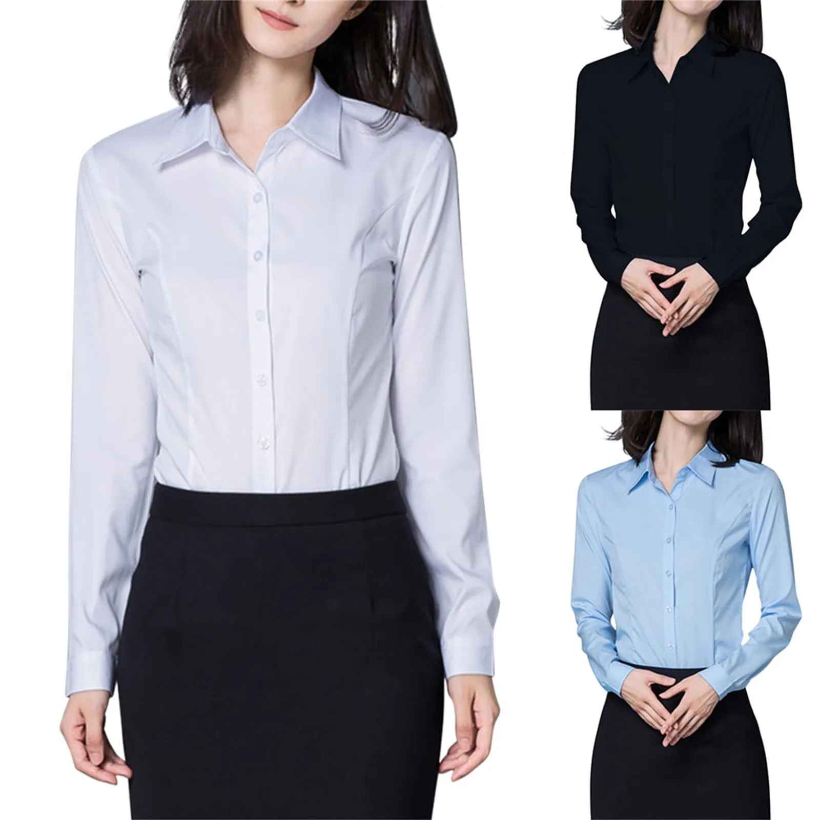 Women’s Button Down Shirts Long Sleeve Workplace Commute Dress Shirts Ladies V-Neck Collared Business Formal Casual Blouses