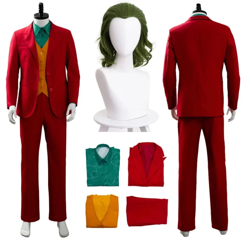 Uomini Joker Cosplay Parrucche Fantasia Abiti rossi Film Super Villain Costume Travestimento Abiti per adulti Maschio Halloween Carnevale Festa di stoffa