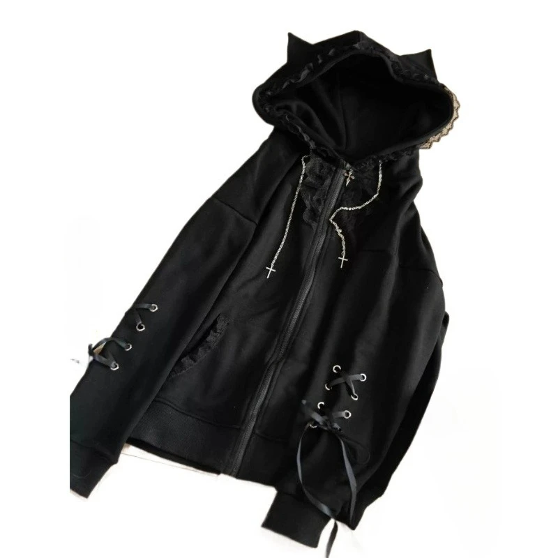 2000s جميل Harajuku عادية فضفاض كم طويل زمم هوديي المرأة Y2k لون نقي مقنعين البلوز ثقافة فرعية معطف الشتاء شيك