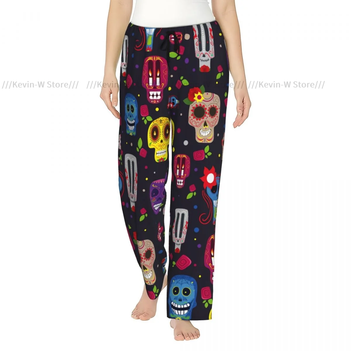 

Warm Flannel Sleep Pants for Women Mexican Dia De Muertos Pajama Bottoms with Elastic Waist