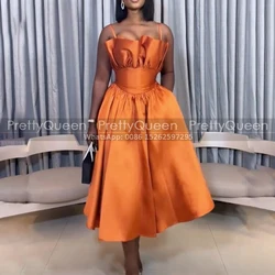 Puffy A Line Bridesmaid Dresses Spaghetti Straps Tea Length Orange Satin Customized Long Wedding Party Dress Vestidos De Festa
