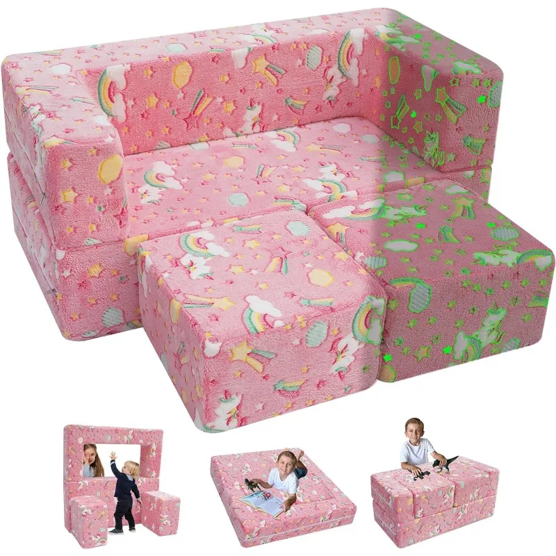 

Modular Kids Sofa,Toddler Play Couch Fold Out for Playroom, Glow in Dark Convertible Plush Unicorn Foam Chair for Baby