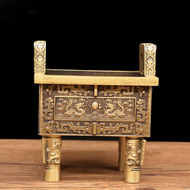 Brass die-cast double dragon playing with pearls Four-sided bronze tripod Wealth Treasure Bronze Ornament