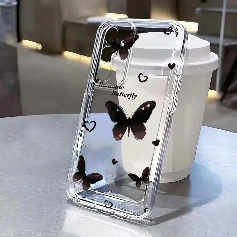 Luxury Dark Simple Butterfly For Samsung A71 A51 A55 A52 A35 A25 A37 A17 A07 A54 A15 A14 A05 A13 A73 5G Transparent Phone Case
