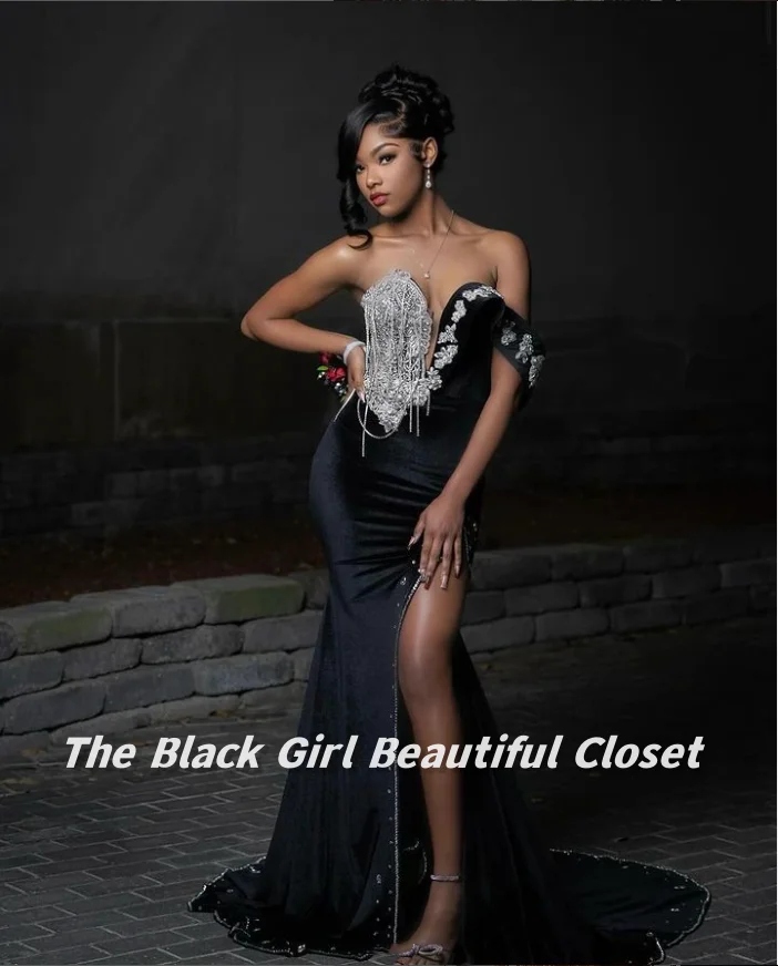 Pure Black Elegant Evening Gowns African Girls Diamonds Sequins Pearls Tassels Applique Decoration Prom Dresses High Slit Gowns