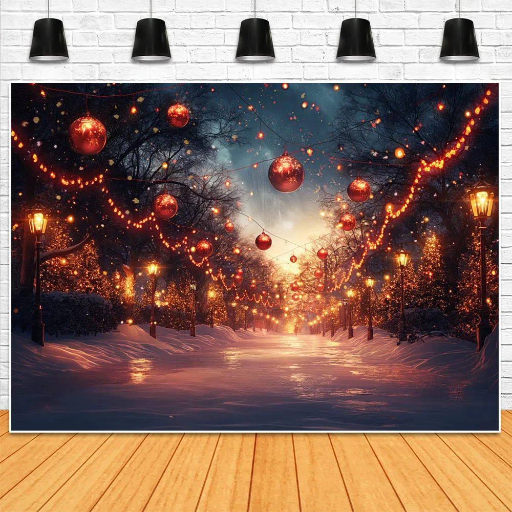 Mocsicka Christmas Winter Street Backdrop for Photography Snowfield Xmas Tree Bells Lights Outdoor Portrait Photocall Background