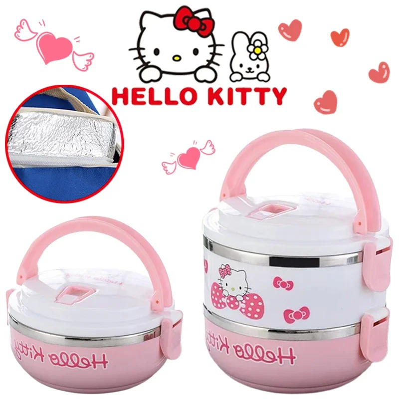 Hello Kitty กล่องอาหารกลางวันถุงอาหารกลางวัน Kawaii แบบพกพาสําหรับโรงเรียนเด็กปิคนิคกล่อง Bento กล่องอาหารพร้อมช่องภาชนะเก็บ