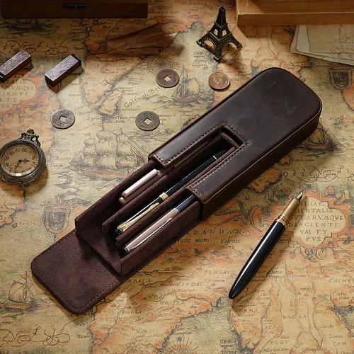 Imagen 2 del producto Estuche para pluma estilográfica de cuero genuino con soporte de bandeja para bolígrafo extraíble para tres bolígrafos y lápices