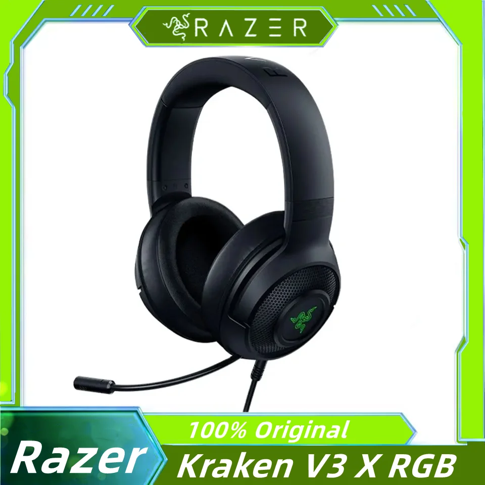 Razer Kraken V3 X سماعة رأس سلكية للألعاب 7.1 صوت محيطي سماعة TRIFORCE 40 مللي متر وحدة تشغيل ميكروفون قلبي فائق النحافة