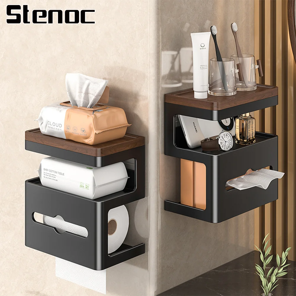 No Drill Wood Toilet Paper Holder With Phone Rack Walnut Bathroom Three-Tier Tissue Holder Toilet Multi-Functional Storage Rack