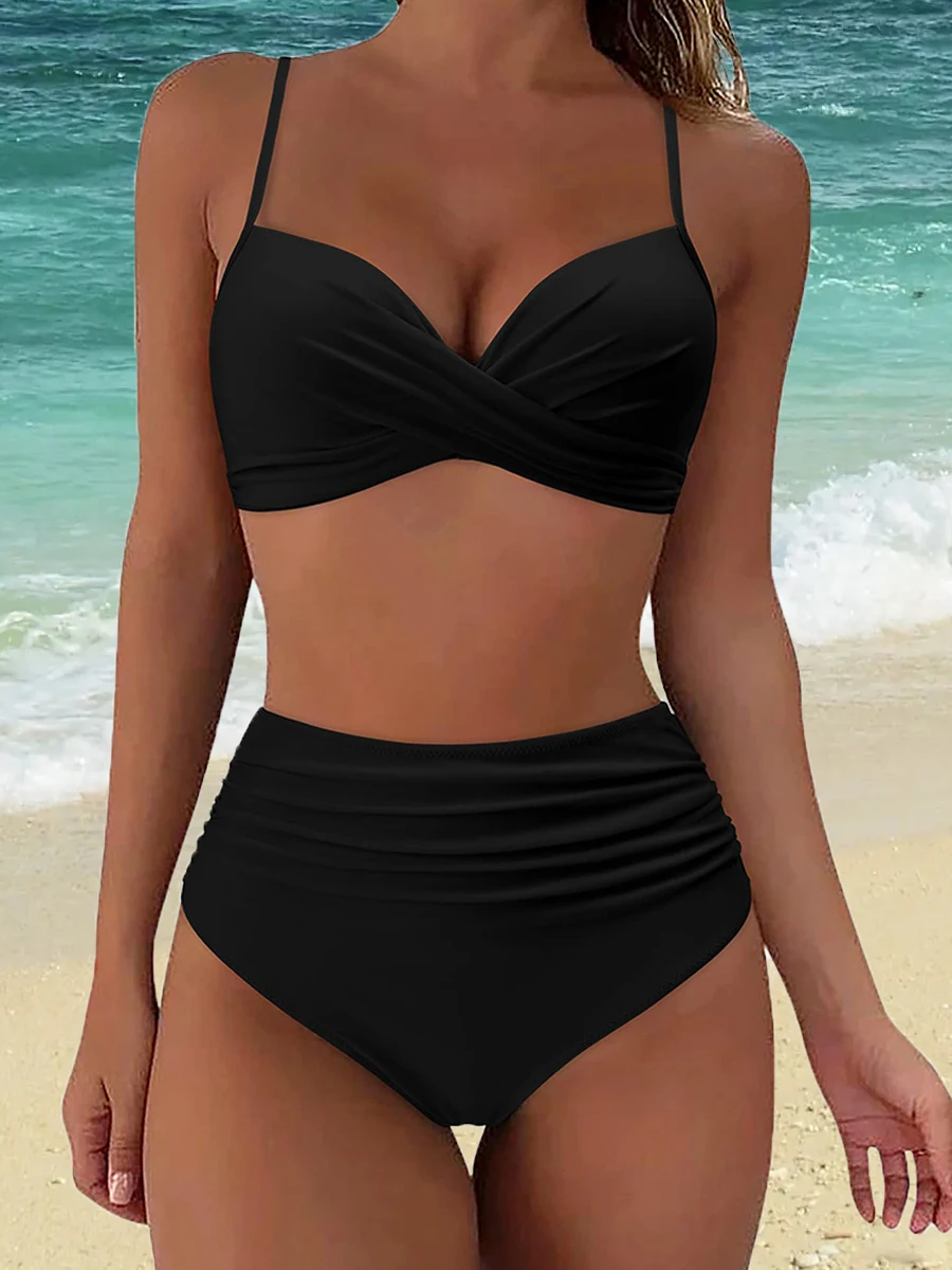 Vrouwen sexy schouderband badmode 2023 nieuwe gedrukte effen hoge taille badpak vrouwelijke zwemmers sport zwemsets zomer tankini