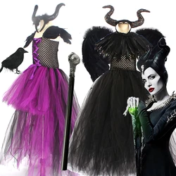 Halloween Maleficent Costume for Kids Cosplay Carnival Party Clothes Set Girls Witch Evil Queen Ball Gown Robe Tulle Tutu Dress