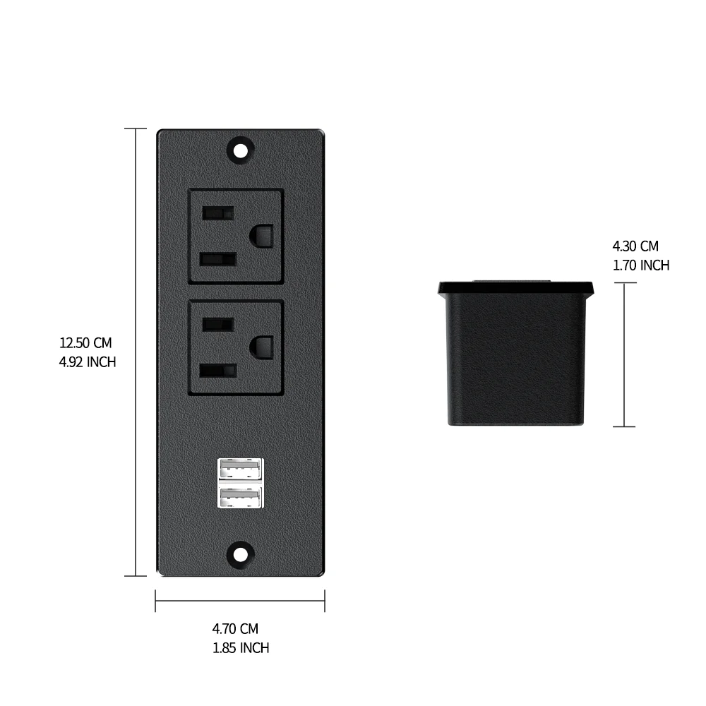 Compact Recessed Power Strip 1500W 12A with 2 Outlets 2 USB A Ports Black Hidden Charging Station for Furniture Conference Table