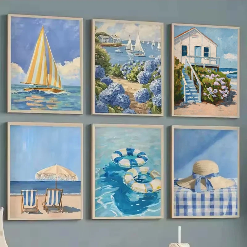 Blue Coastal Beach Sailboat Hydrangea Landscape Posters Prints Canvas Painting Wall Art Pictures Living Room Home Decor Cuadros