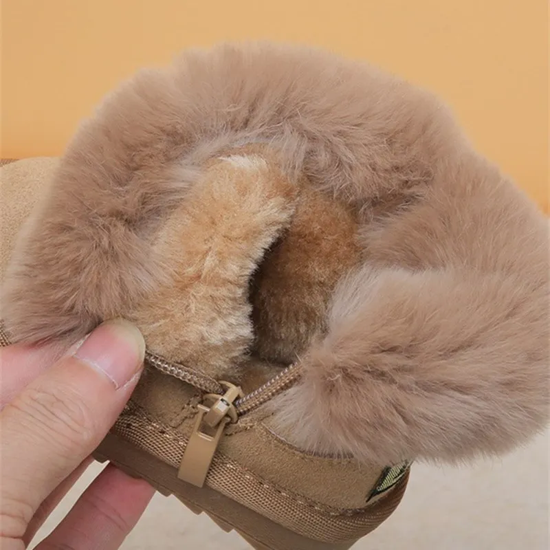 2023 New Winter Baby Boots Leather Warm PLush Girls Boots Soft Sole Zip Side Fashion Toddler Children Snow Boots 15-25