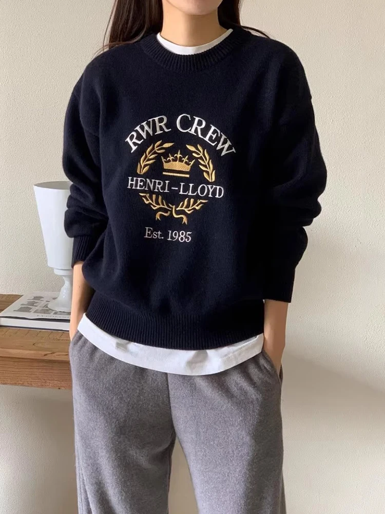 Retro Chic Long Sve Knitted Sweater Women's Heavy Embroidery Letter Pattern Flower Tassel Versatile Autumn Winter Knitwear