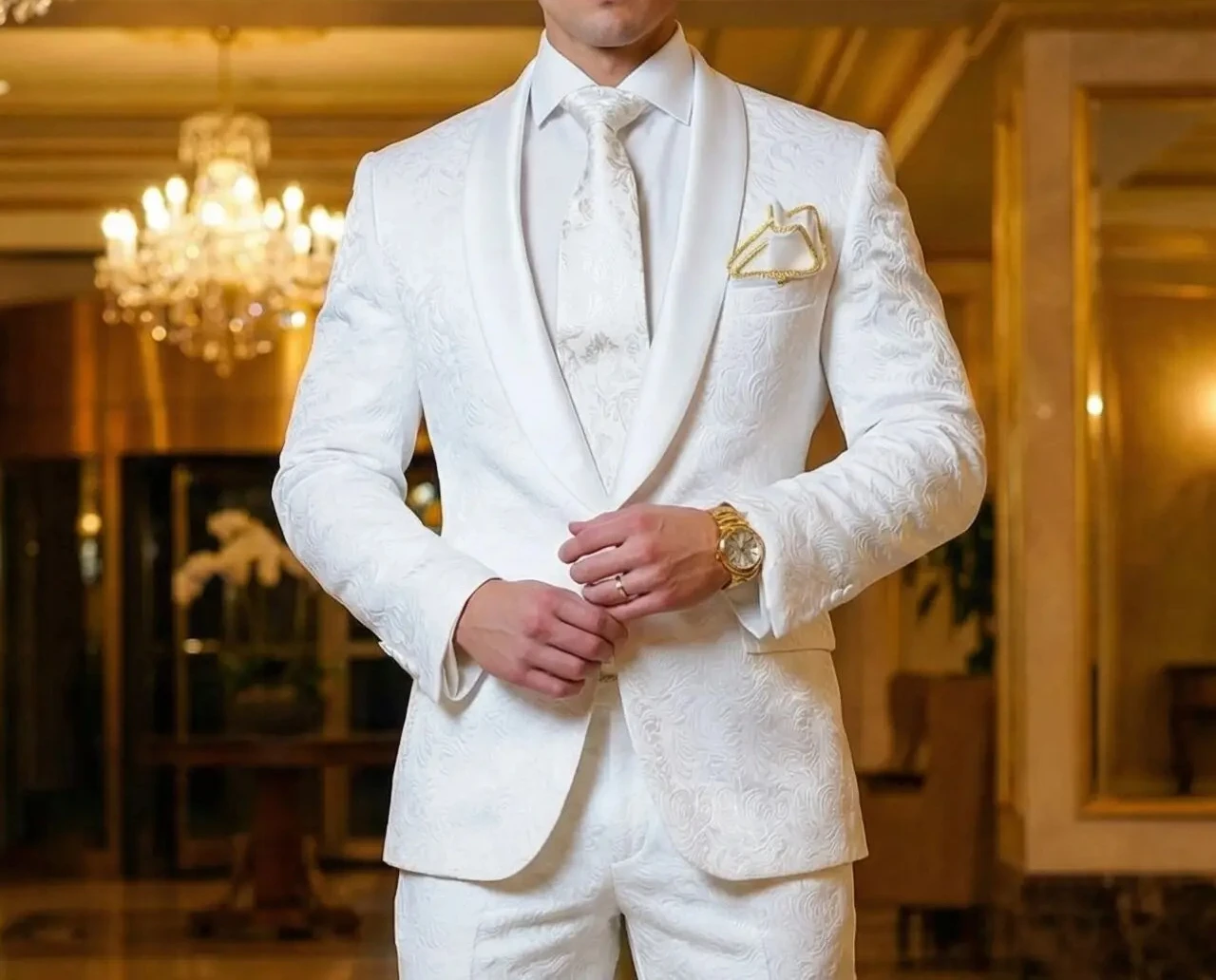 

Белые мужские костюмы для жениха и шаферов с узором, сатиновые лацкани-шаль, 2 предмета, для свадьбы