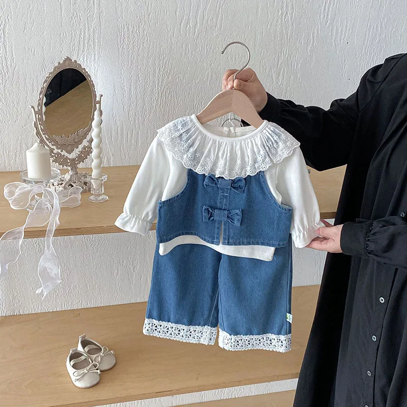 LILIGIRL New Spring Baby Clothes Set 9M-4T Sweet Bow Toddler Girls Vest +Jeans Loose Thin Kids Cowboy Suit Sweet Children 2PCS