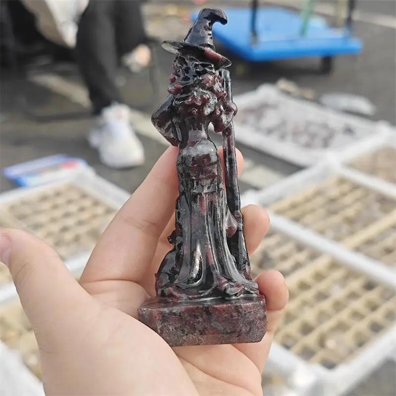 Natural Garnet Halloween Broomstick Witch Carving Reiki Healing Fengshui Stone Ornament Holiday Crafts Gift 1PCS