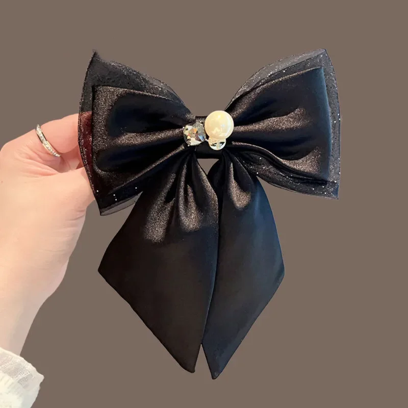 Ribbon Bow Hair Clips for Women Pearl Crystal Temperament Elegant Headpiece Spring Clip Headwear Korean Hair Accessories