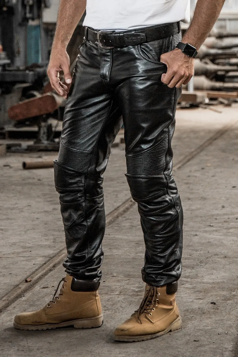 Genuine leather leather pants men's casual professional biker can be installed protective gear Slim yellow cowhide long pants