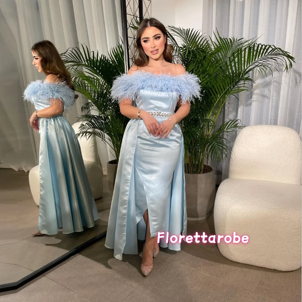 

Customized Fashion Feather Off Shoulder Short Prom Dresses With Waistline Cap Beaded Sheath Mini Evening Dress Elegant PartyGown