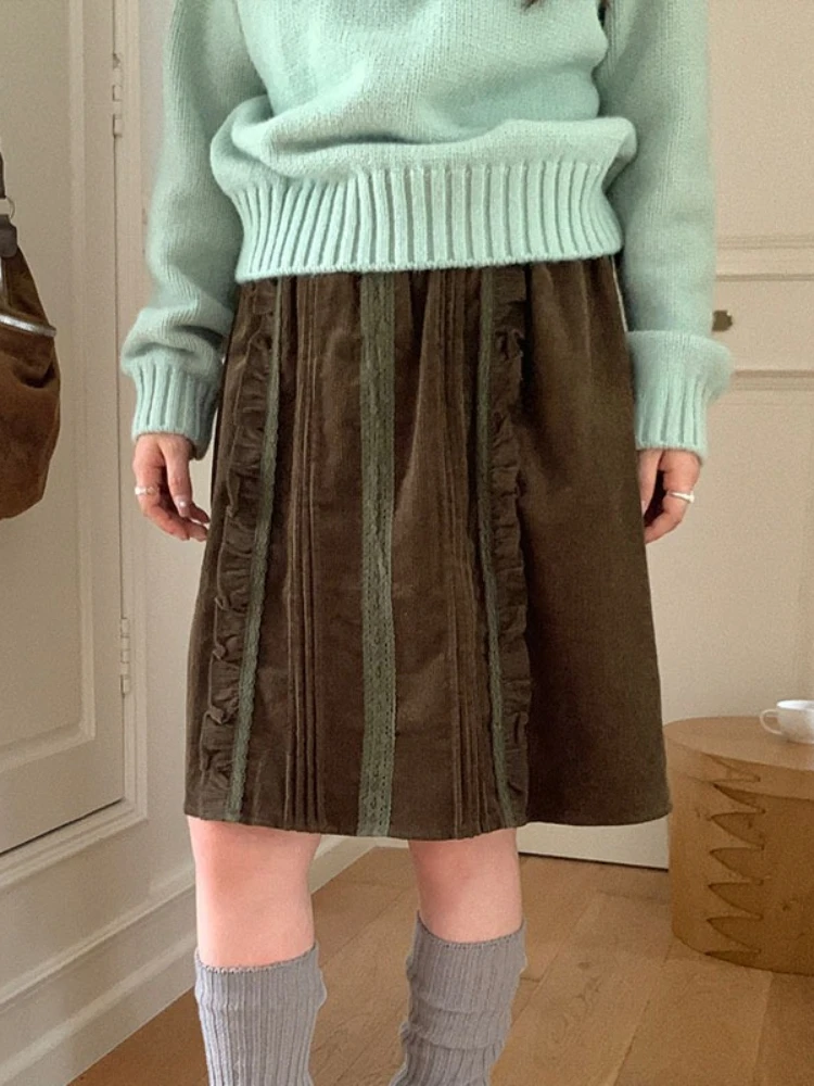 

Vintage Harajuku Lace Patchwork Skirts Women 2026 Spring Elastic Waist A-line Ruffled Jupe Y2k Aesthetic Grunge Middle-skirt