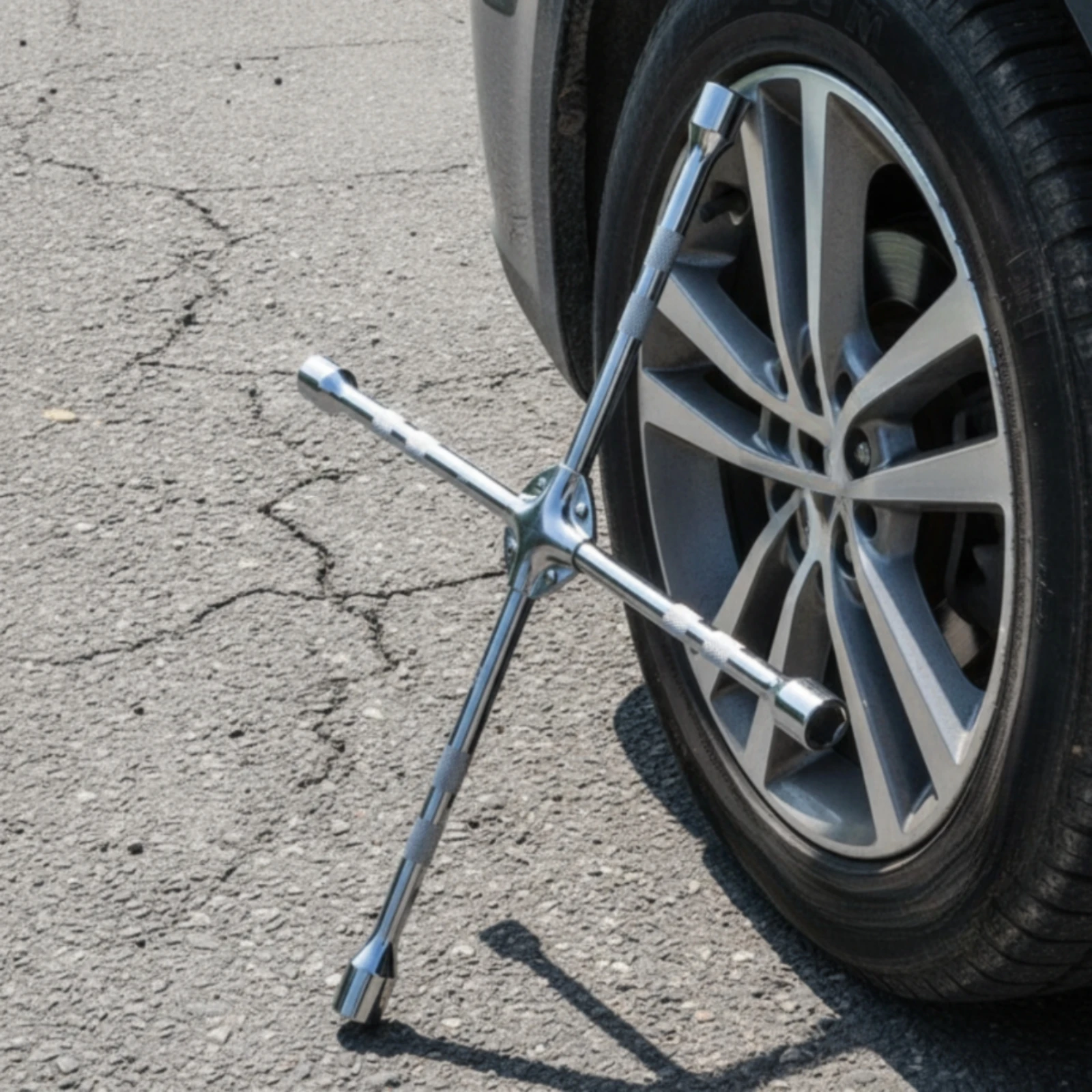 Quadruple Lug Wrench Anti-Slip Cross Tire Wrench Tool Polished Silver Portable for Drivers, Roadside Emergency, Garage