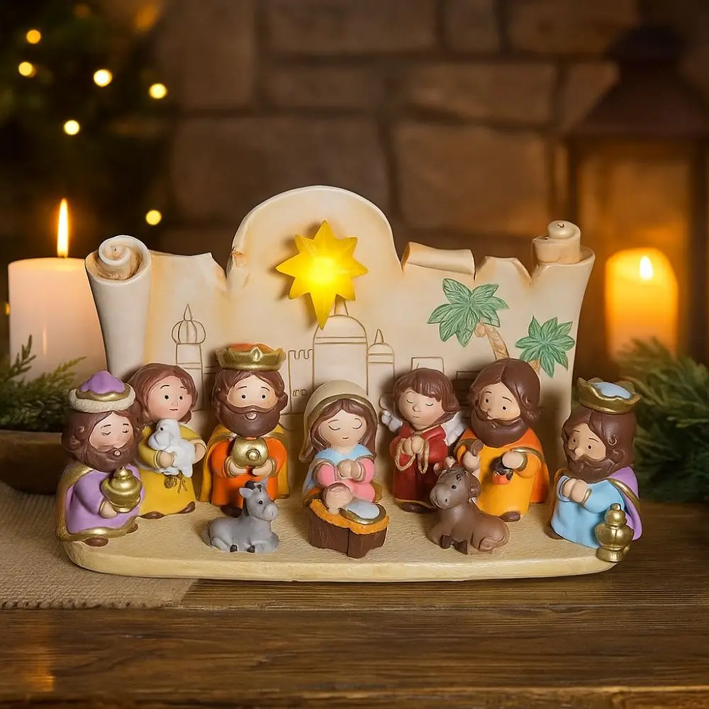 

Resin Nativity Manger Ornament Cartoon Miniature Manger Group Hand Painted LED Lights Holy Family Sculpture Christmas Home Decor