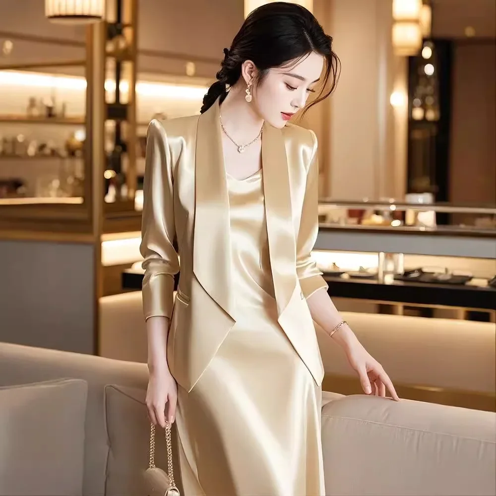 Autumn Korean Drama Wear Elegant Muse Fan Fashion High-end Satin Jacket Suspender Skirt Two-piece Suit Female