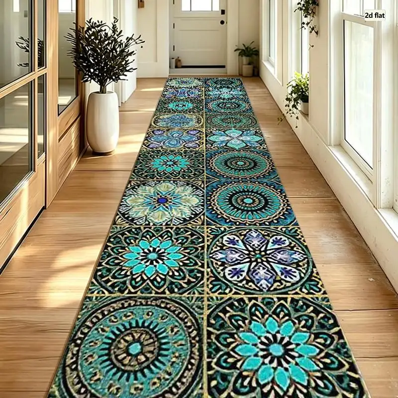 Teal Mandala Tile Pattern Runner Rug Washable Boho Long Hallway Carpet Corridor Floor Mat for Entryway Kitchen Home Decor