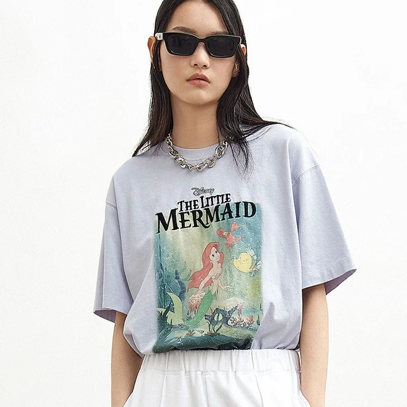 Harajuku Gothic Disney Cartoon The Little Mermaid Lady  Printed Women T-shirts Casual O-neck Oversized Short Sleeve Tops Tees