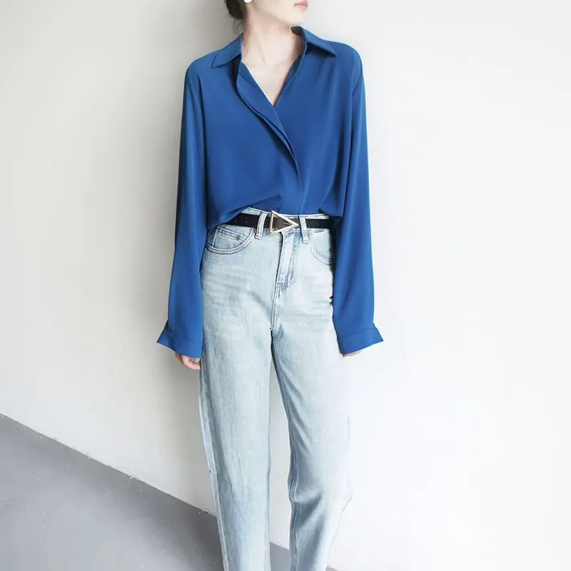 Spring and Autumn New Klein Blue Chiffon Shirt for Women High-end Shirt Design Niche Top for Women