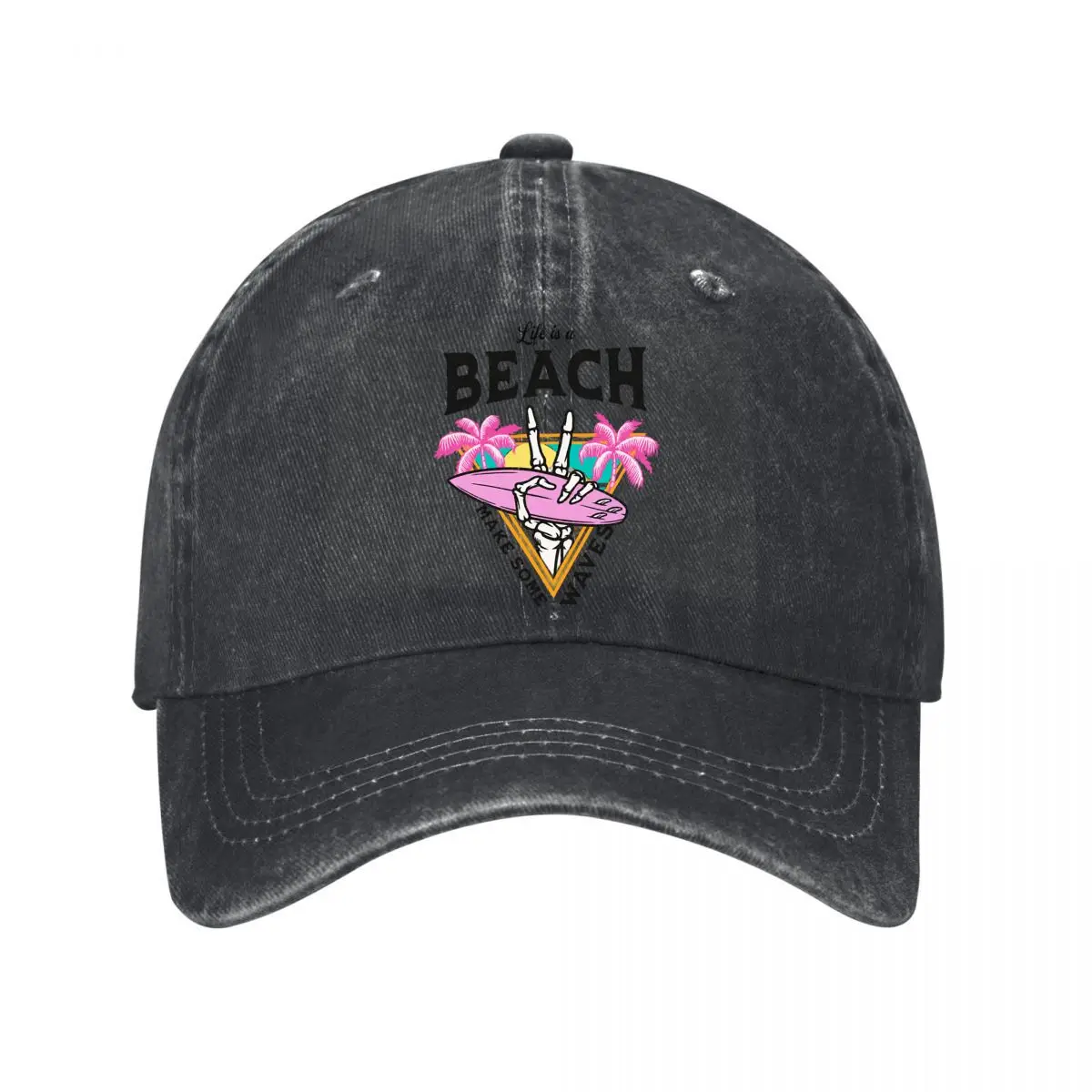 Life Is A Beach Make Some Waves Surfboard Palm Trees New Vintage Washed Cotton Baseball Cap Sun Hats