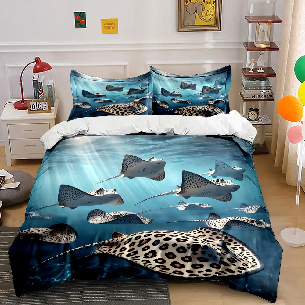 Spotted Eagle Rays Swimming Bedding Set for Kids Luxury Gift 3pcs Digital Print Comforter Set Soft Comfortable Breathable