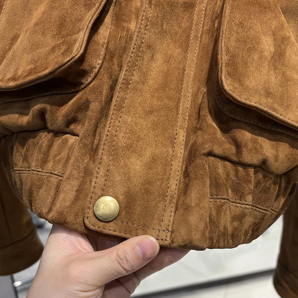 YOLOAgain 2026 Spring Short Suede Bomber Jacket Women Genuine Sheepskin Leather Jacket Ladies