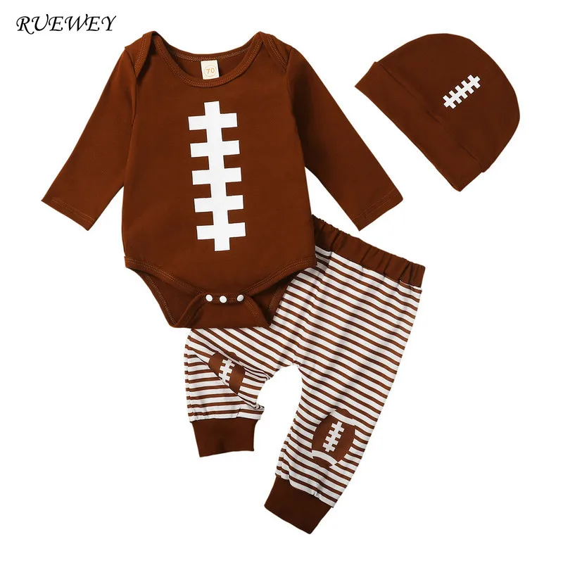 

RUEWEY Newborn Baby Boy Clothes 3 Piece Outfit Pant Sets Football Long Sleeve Bodysuit and Elastic Striped Pants Beanie Hat Set