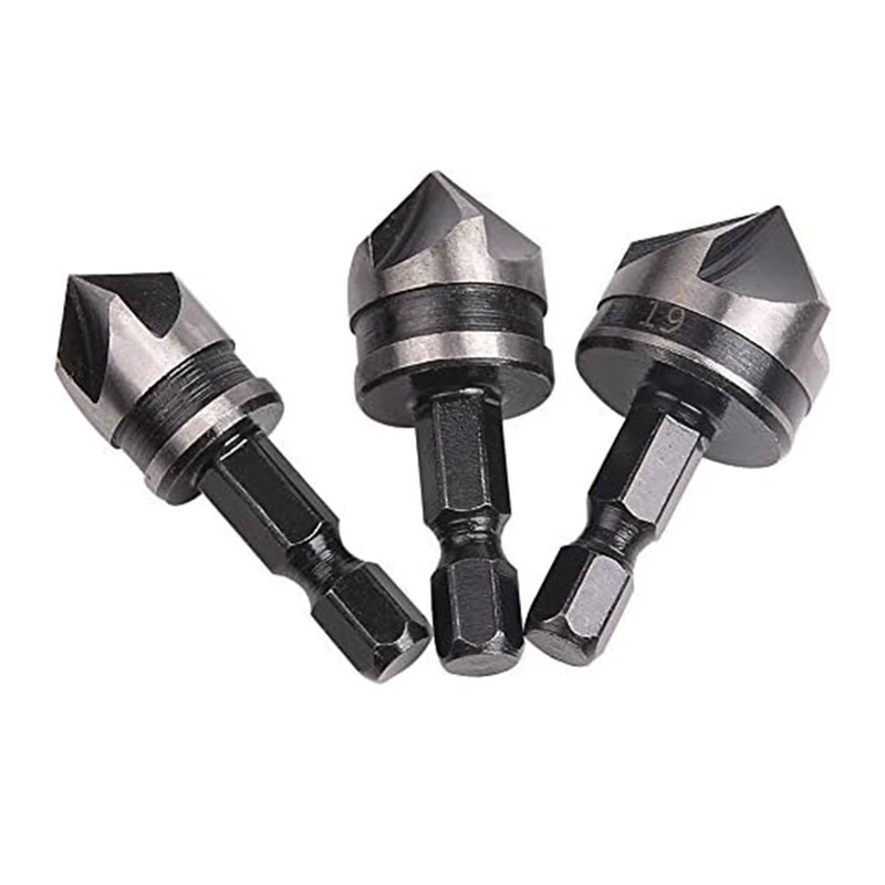 3 Piece 1/4Inch Hex 12/16/19Mm Countersink Bore Set For Wood Metal Quick Change Bit Durable Easy To Use