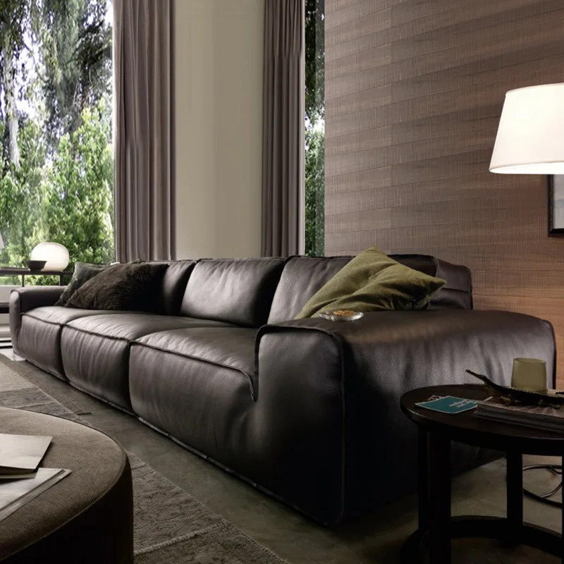 Internet celebrity full leather big black cow sofa large apartment Italian light luxury original down high-grade granular thick