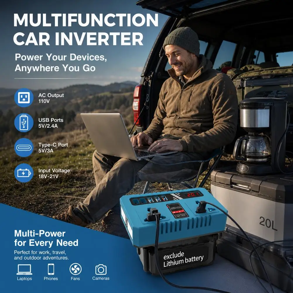 Lithium Battery Inverter 18V-21V to 220V Smart Inverter Portable Outdoor USB Mobile Phone Super Fast Charging Lighting
