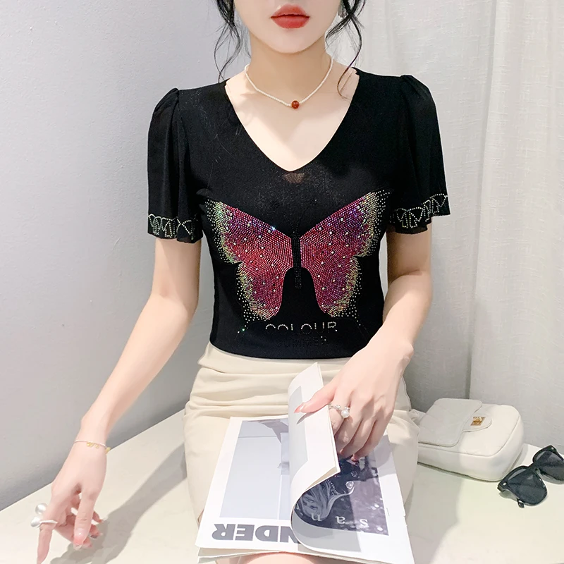 Black Summer Korean Style T-Shirt Chic Sexy V-Neck Shiny Diamonds Butterfly Women Tops Short Sleeve Elastic Tees 2024 New 460505